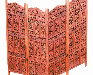 Hand-carved wooden four-panel room divider with intricate floral lattice work and a dark brown finish.