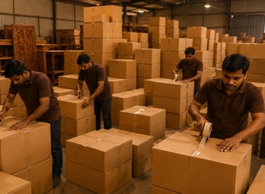 Warehouse workers sealing cardboard shipping boxes with packing tape for logistics and distribution.