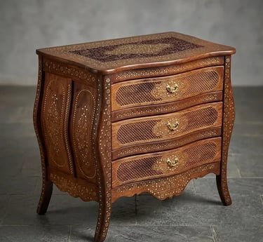 Handcrafted antique wooden chest of drawers with intricate brass inlay and traditional floral carvings.