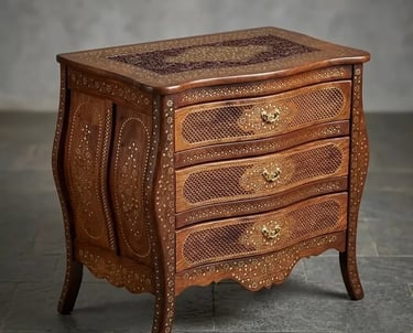 Handcrafted antique wooden chest of drawers with intricate brass inlay and traditional floral carvings.